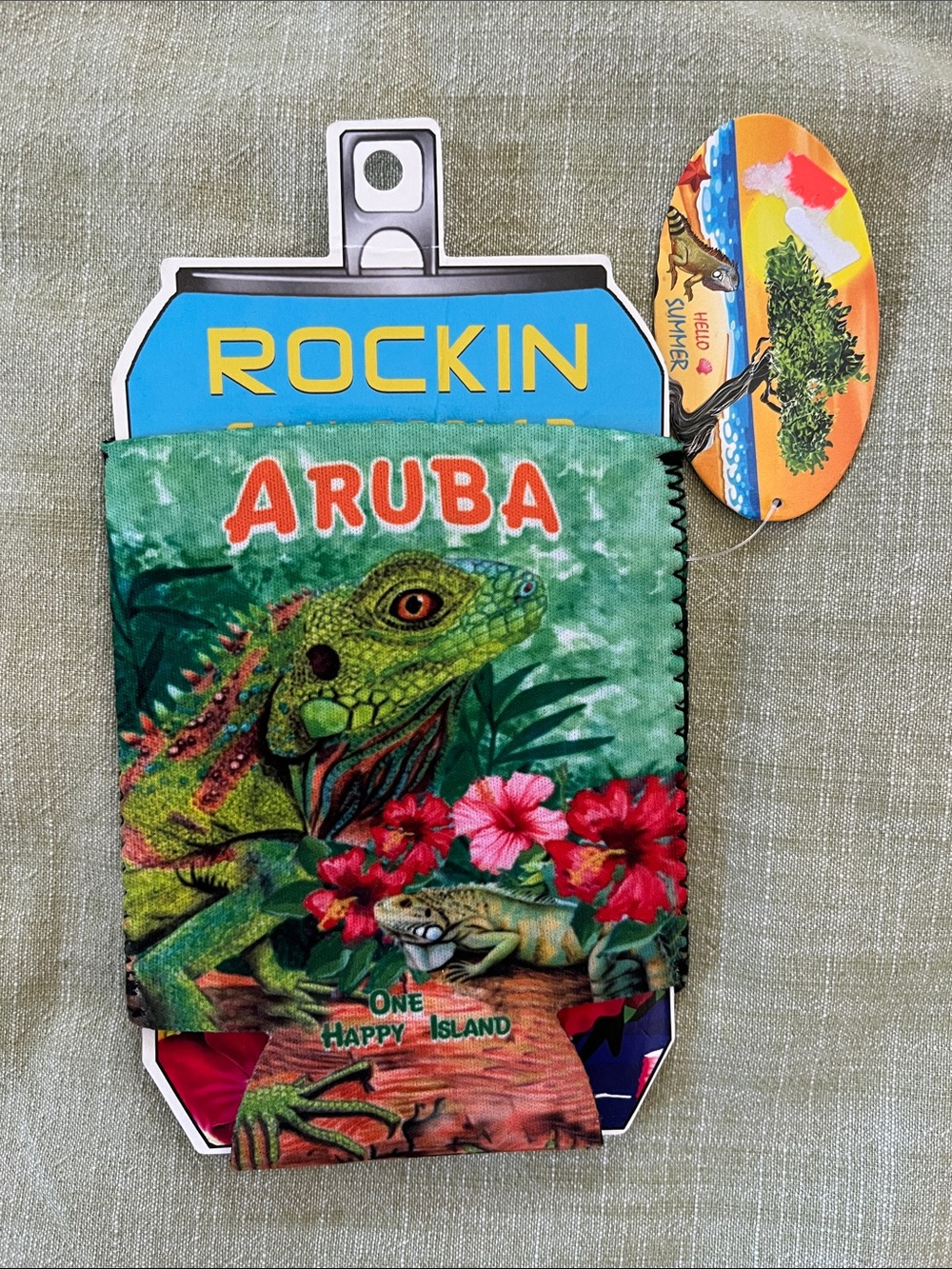 Aruba Green Reptile Iguana Can Cooler Sleeve NWT One Happy Island